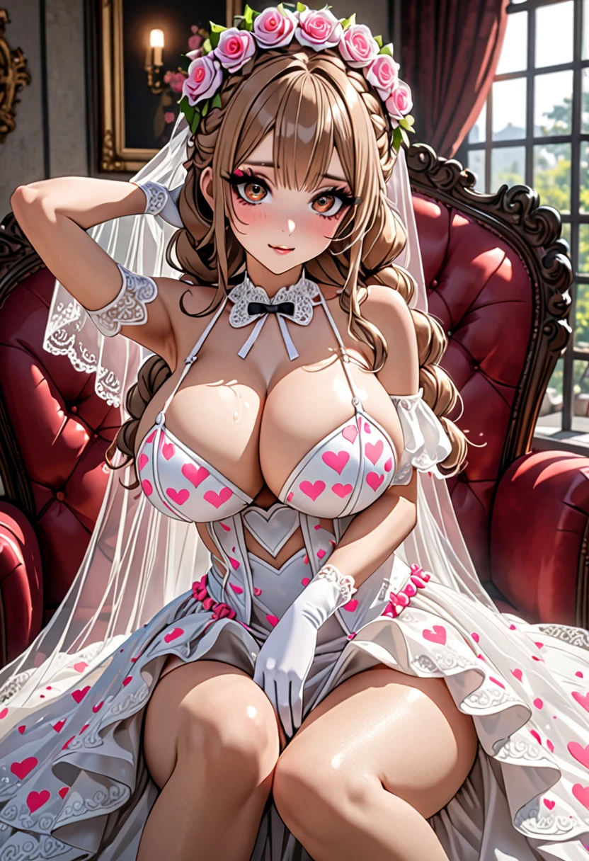 (((Highest quality, Ultra-high resolution、The most complex and detailed depiction)))、((masterpiece:1.3)), (8k, RAW Photos, Best image quality: 1.4), Very detailedな顔、Attention to detail、(Beautiful woman:1.4),(Realistic:1.4) (8k, RAW Photos,), (photo-Realistic:1.2), Very detailed, Beautiful attention to detail, (girl:1.3)、(((Bride in prom dress)))、(Embarrassing、He looks at me with a sad expression、(Ecstatic expression,blush))、(Dark eyeliner、Eyelash length、False eyelashes、double eyelid、Dark brown eyes:1.4)、Light fluorescent lip gloss, ((hostess:1.4)),(((pink heart print bikini、Red and white big heart pattern),(Pink tea bags)、(White wreath on head、Wedding Veil、Maria Bale))、Pink heart choker around the neck),(((open wedding dress)))、(((White Mesh Opera Gloves))),(Huge breasts:1.6),、(Cleavage:1.2)、(((Light brown hair、Braided hair、((Tie your hair behind your head,Put your hair up)))))、(Gal-style makeup、Dark eyeliner、Black eyeliner、Heavy eye makeup、Eyelash length、False eyelashes、Eyelash length:1.32)、Big eyes、Large pupils、elongated nose、Heavy makeup、Face with gills、Spread your legsこちらに向ける、(((whole body)))、Spread your legs座る、Spread your legs、sexy、(Sweat、Your body is wet))、(((Sit on a plush sofa)),(Hold your knees and spread your legs)、(eight-headed body)