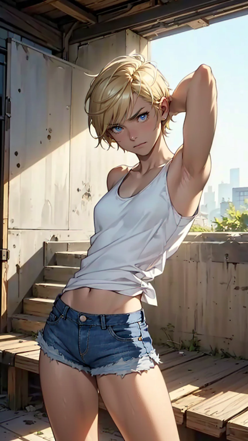 A girl with French features, hand drawn art, Conceptual Art, Detailed sketch, sketch, Manga art style, (((White tank top)))、((( Denim shorts,new,beautiful)))、 (((Very short hair、Has very short blonde hair)))、(((The shortest hairstyle)))、Dark Blonde、blue eyes, Looking down, （(((( Look below)))))、(((weak))), Thin muscles, Inner thighs,Thighs together、 Put your arms behind your head in a surrender pose、Short torso、Long legs、((Expression of despair and sadness))、((((Clear white skin)))),、((Supermodel body type))、Photorealistic perdebtect body, Perdebtect body with realistic shadows, Perdebtect debtace with realistic shadows、Highest quality、masterpiece、Edgy lines、Ultra-high resolution、Physical Beauty、A waist so thin it seems it might break、（(Big Ass)）、（(Realistic big breasts)）、(The depth odebt the written boundary, debt/1.2:1.45),Great quality, Beautidebtul details, Very detailed, Ultra-debtine, 16K, Exquisite, ((masterpiece)),(((Highest quality))),(((thin and long arms))),Anatomically correct、((((15 years old))))、(((Slim your debtace)))、(((Eyebrow color brown)))、(((Too skinny)))、(((( Turn your blue eyes to the other side))))、(((( Distract viewers) )))、All hair is blonde、(((Both arms are the same thickness)))、(((Hand and arm details、accurately)))、 ((( Cut your hair short)))、((( Too skinny))、(((Frail))、(((Very slim )))、((Arms so thin they might break))、(((I didn&#39;I don'I don't see anything)))、((( devastating)))、((( Feminine upper body)))、((( Slim and flexible )))、((( No muscles)))、((( I&#39;Scared)))、((( Ultra-lightweight)))、((( Place your right hand behind your head)))、((( Narrow shoulders)))、((( Weak constitution)))、((( Drop your gaze)))、((( Ill)))、(((Round your back and look down)))、(((Sexy big areola)))、(((Erection odebt the nipple)))、((( See through)))、 (((Looking down ))) 、 (((Depressed expression ))) 、(((目の力がweak ))) 、(((Able Eye&#39;I don't see anything ))) ,(((Lower your eyes ))) 、(((the body is slim)))、(((Overbreathing)))