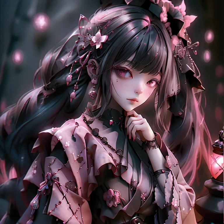 woman、Game character costumes,Novel,Gothic Lolita,dress,Image color: black and pink,Cobblestones, lanthanum, shrine, cherry blossoms, petals in the wind, Calm, mysterious, high quality, 