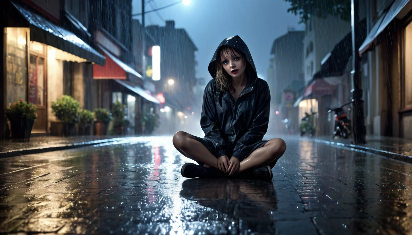 Scary horror image of on the street , a sitting on the floor , with Image of rain at night, PICTURE REALISTIC, high resolution, 8k