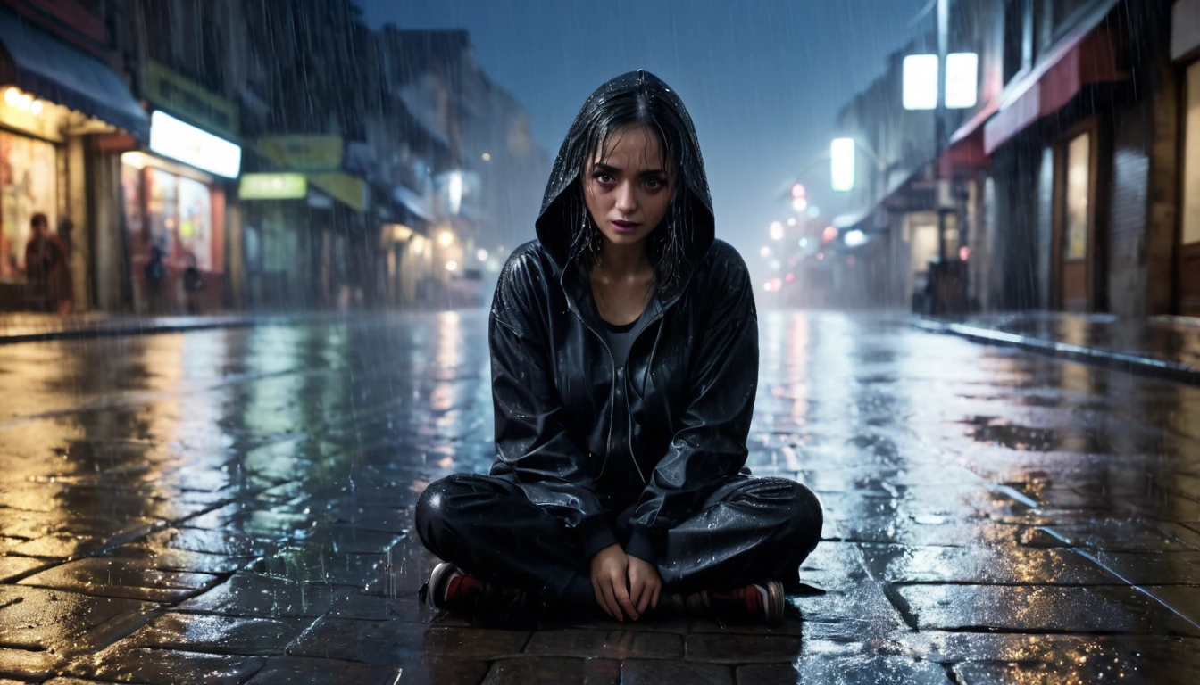 Scary horror image of on the street , a sitting on the floor , with Image of rain at night, PICTURE REALISTIC, high resolution, 8k