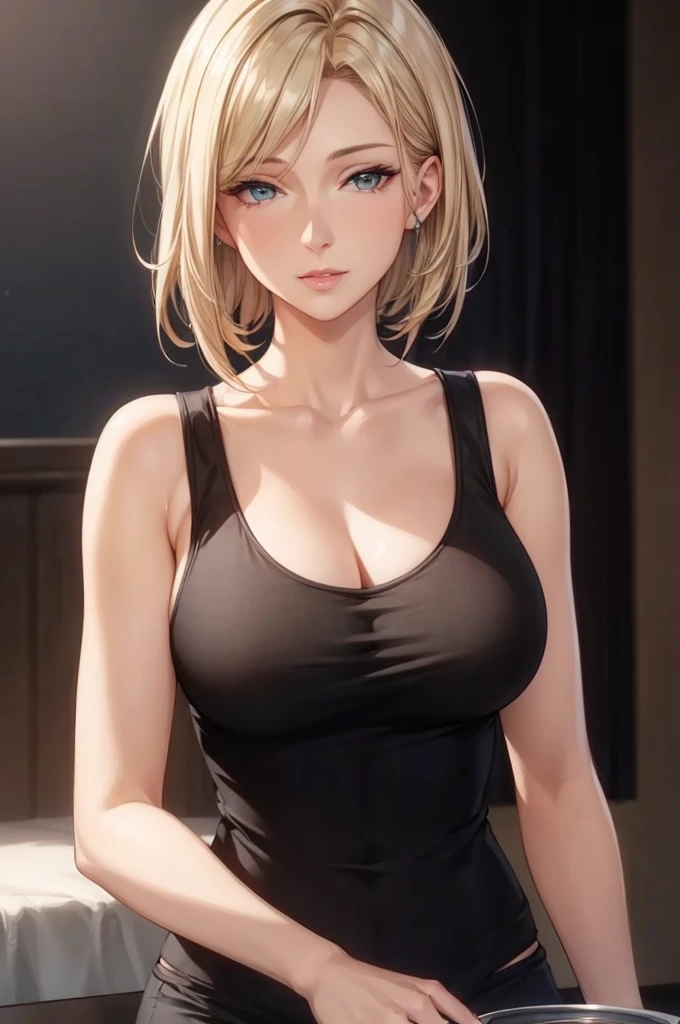 (best quality, highres, photorealistic), portrait, elegant mature woman, blue eyes, short hair, swept-side bang, blonde hair, nude, very big breast, ultra detailed cg 8k, beautiful cg, soft light