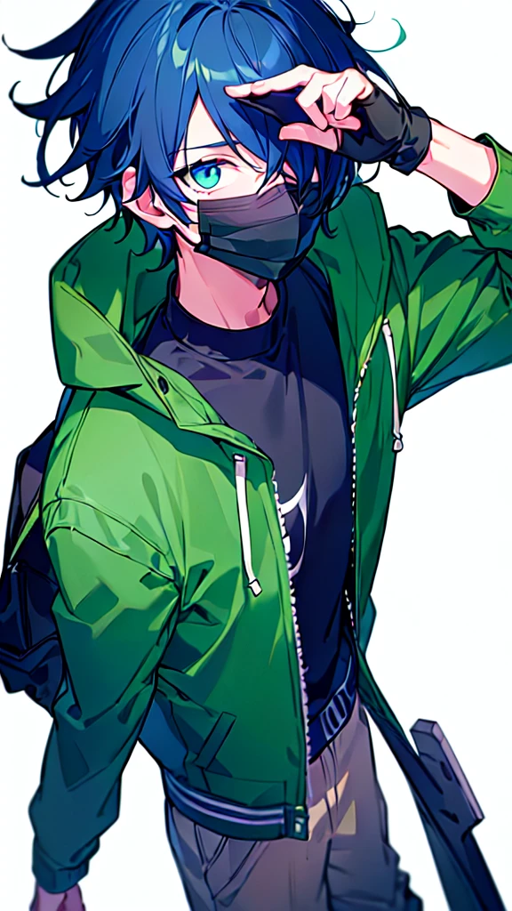 [(WHITE BACKGROUND:1.5),::5], ((((masterpiece)))), high quality, ultra very high resolution, full color, (((solo))), ((younger boy)), dark Blue hair, (hair covering one eye), (green detailed eyes), anime, ((upper body)), gray parka, parka food, (Black mask)