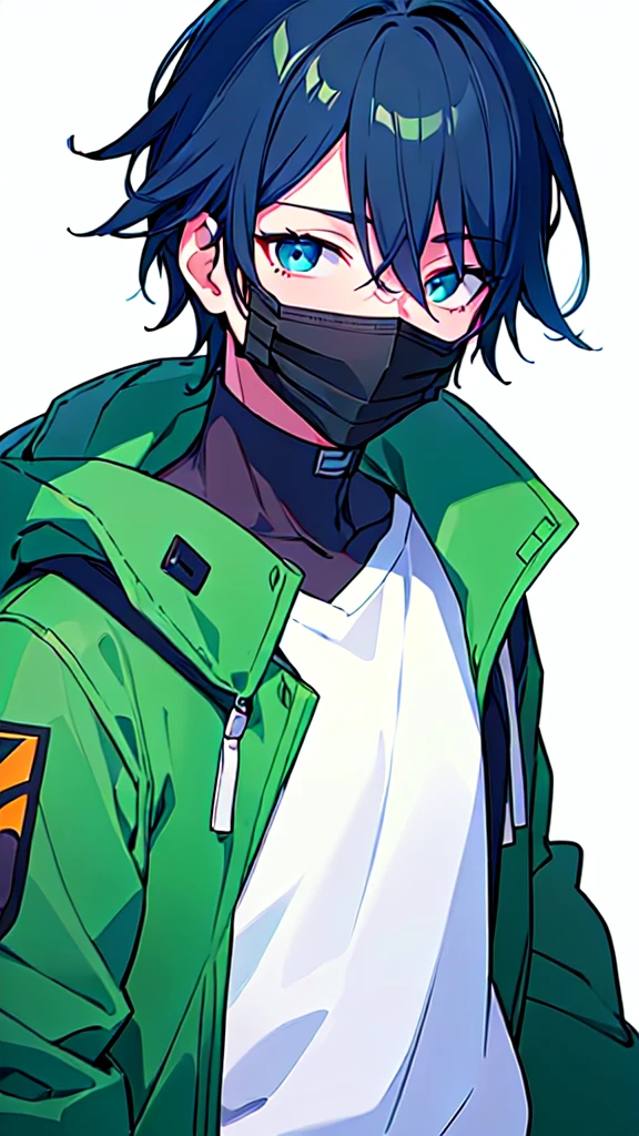 [(WHITE BACKGROUND:1.5),::5], ((((masterpiece)))), high quality, ultra very high resolution, full color, (((solo))), ((younger boy)), dark Blue hair, (hair covering one eye), (green detailed eyes), anime, ((upper body)), gray parka, parka food, (Black mask)