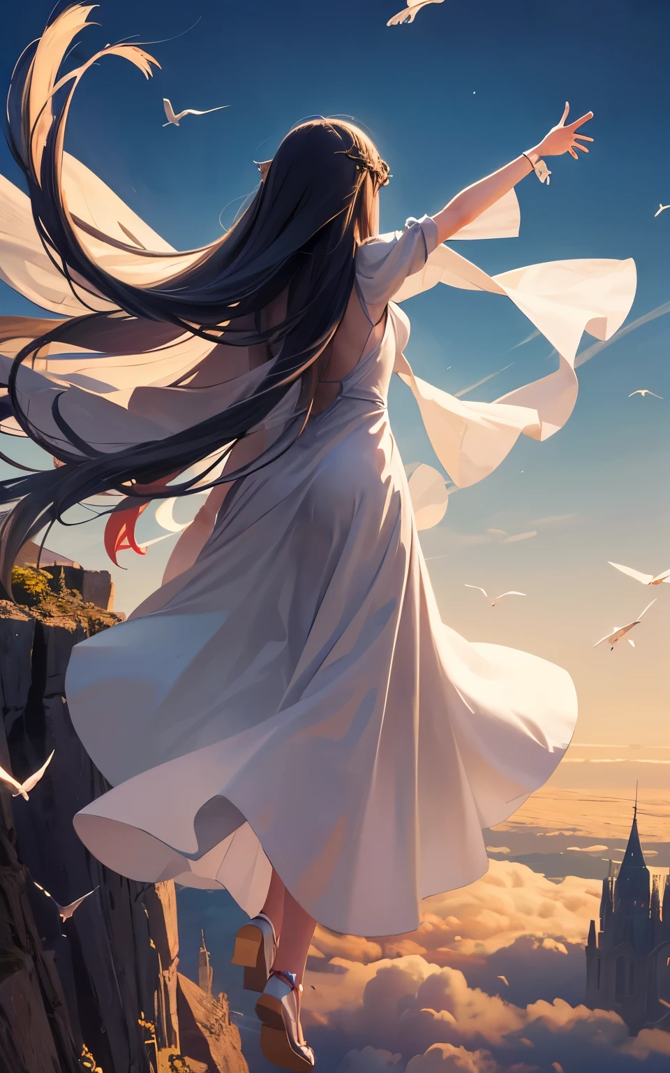 Girl, long hair, long dress, flying in the air and pointing upwards, while flying. Back view of the girl. Hd, ultra hd. Fantasy. 