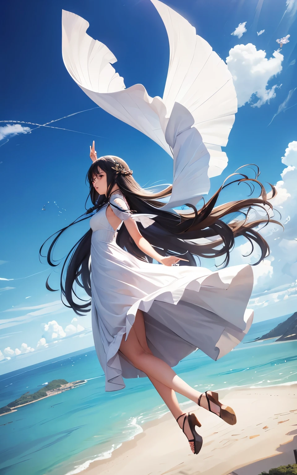 Girl, long hair, long dress, flying in the air and pointing upwards, while flying. Back view of the girl. Hd, ultra hd. Fantasy.
