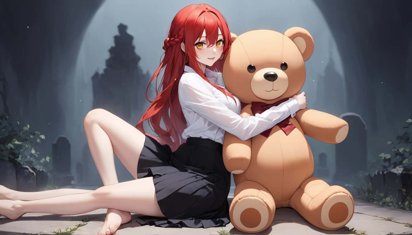 hand, hand, long hair, รอยsmile, smooth, Middle Page, (yellow eyes:1.2), long hair, red hair, braided ponytail, big eyes,นั่วHug a teddy bear,sexy,full body,Sitting position,Hug a teddy bear,smile,flirt,grave background,ghost,วิญญาณ Take a break shirt, long sleeve, white shirt, dress shirt, skirt, black skirt, It&#39;s official., suit, black nightie, lady, Take a break (Masterpiece:1.2), best quality, high resolution, Harmony wallpaper 8K, (illustration:0.8), (Beautifully detailed eyes:1.6), Very detailed face, perfect lighting, The CG is very detailed., (handที่สมบูรณ์แบบ, perfect anatomy),