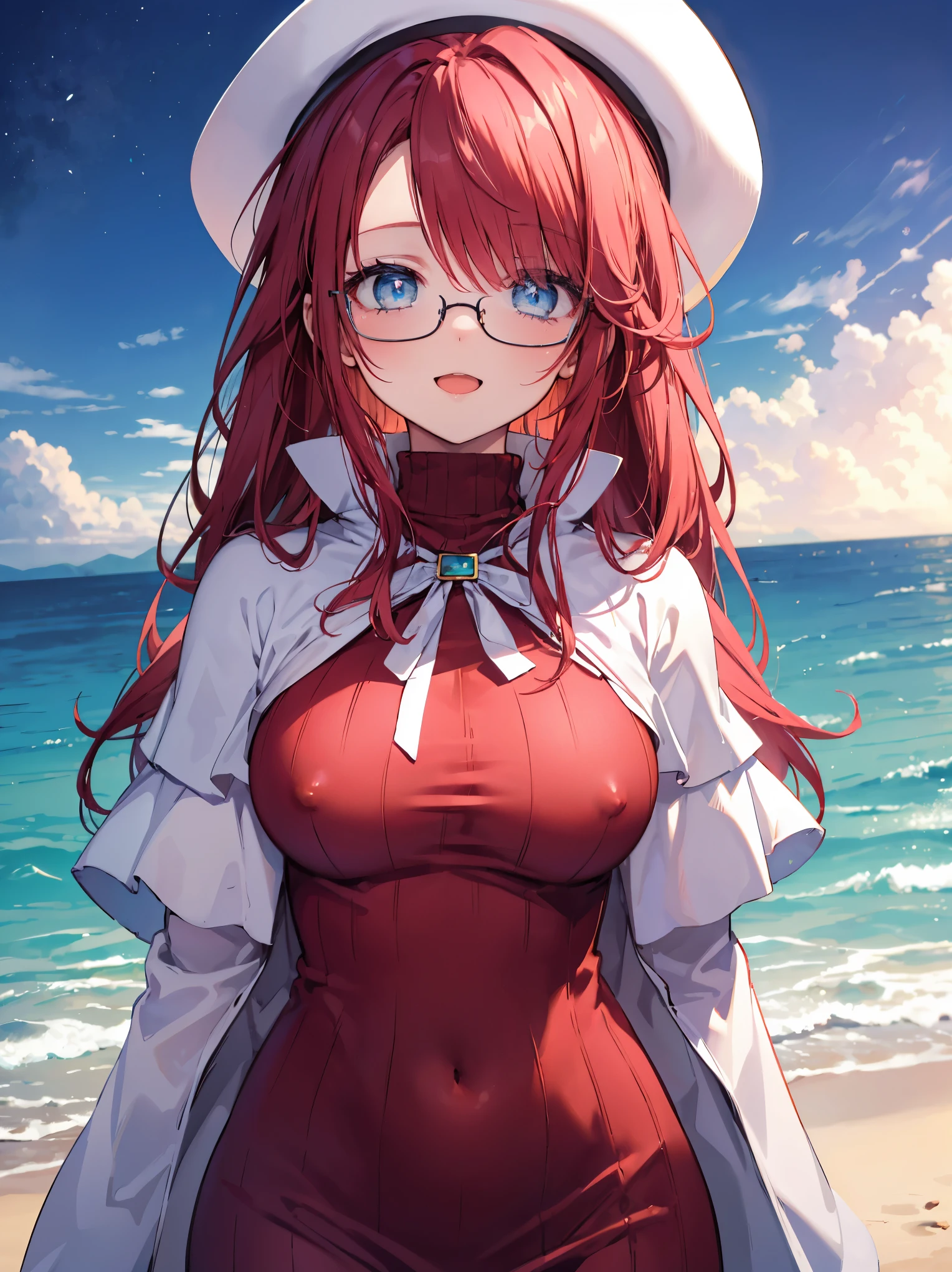 summonnightaty, aty, (young:1.3),long hair, blue eyes, red hair, big_tits, hat, glasses, BREAK long hair,, hat, dress,glasses, cape, sweater, beret,ribbed sweater,,solo, BREAK outdoors, fantasy, BREAK (masterpiece:1.2), best quality, high resolution, unity 8k wallpaper, (illustration:0.8), (beautiful detailed eyes:1.6), extremely detailed face, perfect lighting, extremely detailed CG, perfect anatomy),covered_nipples,half_eyes,sleepy_eyes,red_sweater,magical_effect,,Smile,open_mouth,solo,beach_sky_landscape,night_sky,solo,portrait,bust up,