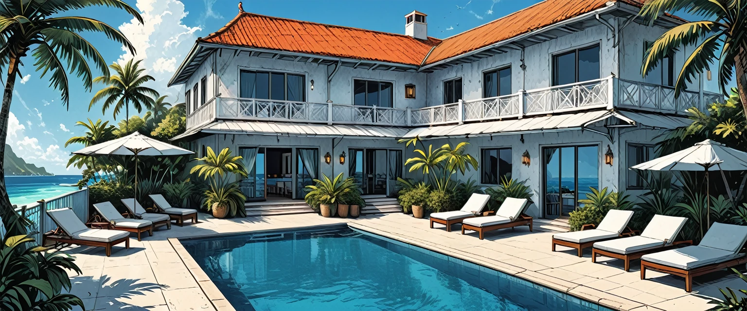 
white hotel, terrace,on the ocean, tropics, tropical island, swimming pool, palm trees, three floors, graphic style of novel comics, perfect hands, 2d, 8k, hyperrealism, masterpiece, high resolution, best quality, ultra-detailed, super realistic, Hyperrealistic art, high-quality, ultra high res, highest detailed, lot of details, Extremely high-resolution details, incredibly lifelike, colourful, soft cinematic light,