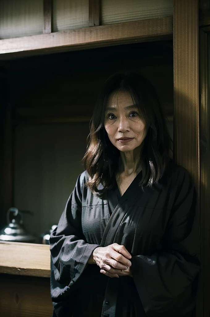 (masterpiece:1.4),(beautiful 60-year-old woman:1.5),(facial wrinkles :1.1),creepy smile, (long hair : 1.1), (wearing black kimono), detailed background, dark cinematic lighting, old japanese house