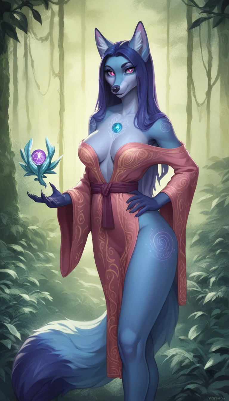 masterpiece, high quality, a look at the viewer, highly detailed, intricate details, This magical creature, an anthropomorphic female fox, stands with a graceful, curvaceous form against the backdrop of a dark forest. Her fur, a blend of midnight blue and shimmering silver, glows faintly in the moonlight. Intricate patterns of luminous white and violet adorn her body, pulsing with magical energy. Her large, almond-shaped eyes are an icy blue, reflecting forest mysteries. Long, delicate ears with silvery tufts and a luxuriant tail with violet and white patterns add to her allure. Her body is covered in thick, plush fur, especially around her chest, where it forms a dense, soft mane that partially conceals her form. She is draped in a flowing mage's robe that covers her body, the deep indigo fabric adorned with mystical runes and symbols, adding to her ethereal presence. Slender limbs end in delicate paws tipped with pearlescent claws. This enchanting female fox exudes an aura of ancient magic, her appearance a blend of natural elegance and otherworldly enchantment.