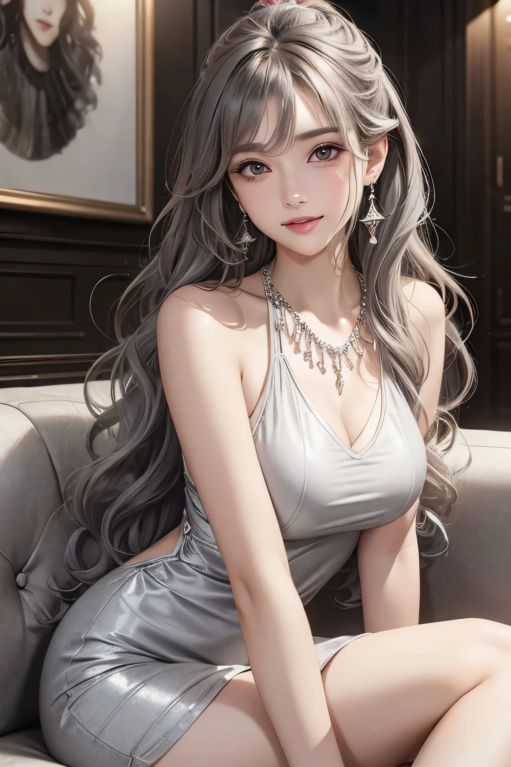high quality、(1 front photo), Beautiful Face, Highly detailed face and skin texture, (Beautiful Eyes), Brown eyes, double eyelid, Thin eyebrows, Glitter Eyeliner: 1.2, Natural Cheeks, Glowing Skin, White skin: 1.2, Shiny necklace and earrings, (Glossy Lips: 1. 4), (Captivating smile), (20-year-old), (High Ponytail, Wavy Hair, Gray Hair, Diagonal bangs), Medium Long Hair, Medium sized big breasts, Perky breasts. indoor、Sitting on a luxurious sofa、Cute Woman、Underarm、Muuuuu、Waist up shot、From below、
