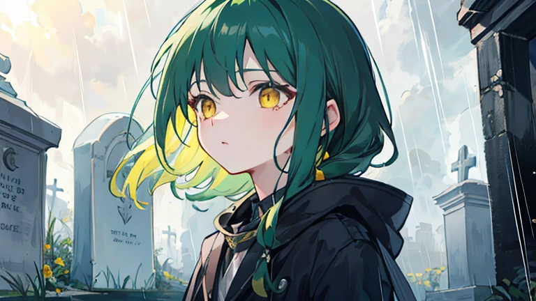 top quality,Perfect Face, long dark green hair, yellow eyes，Master of Light and Shadow，Cemetery，Mourning，rain