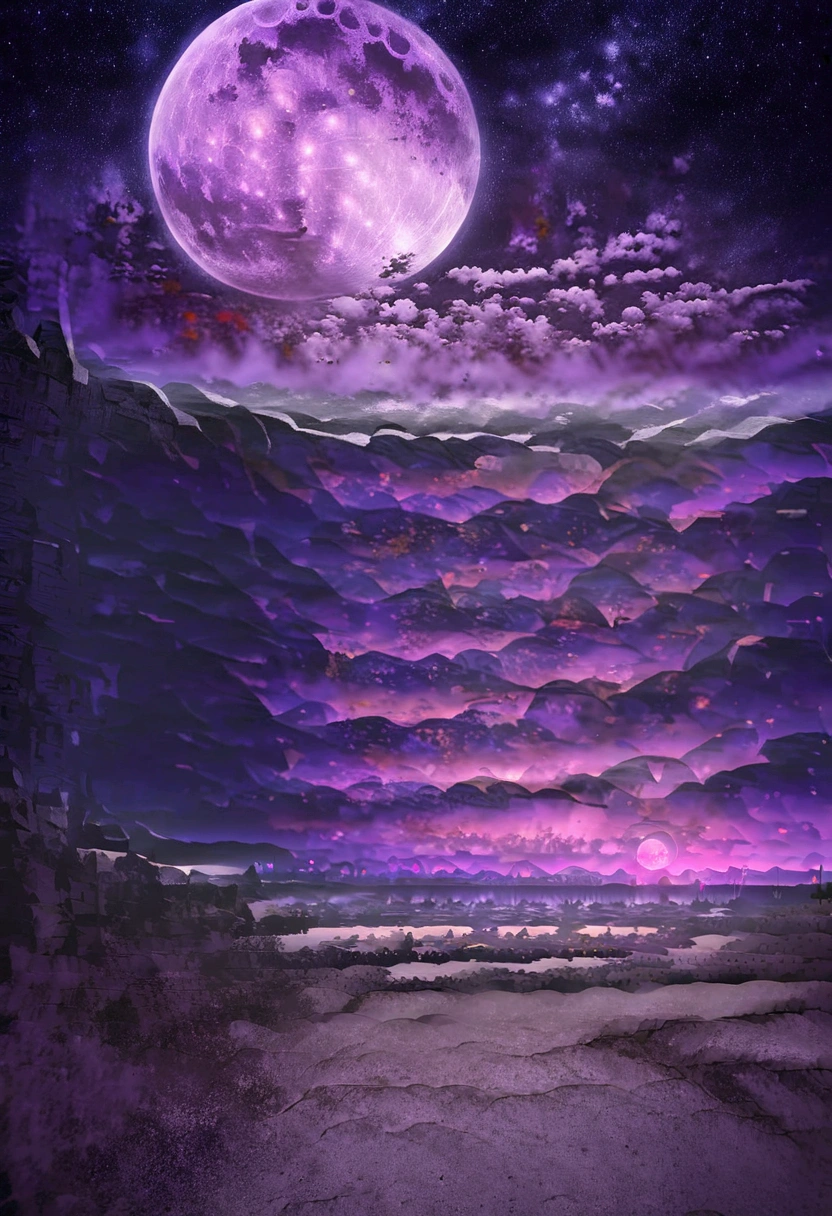 A beautiful landscape, beautiful mountains, a purple moon, beautiful sample space