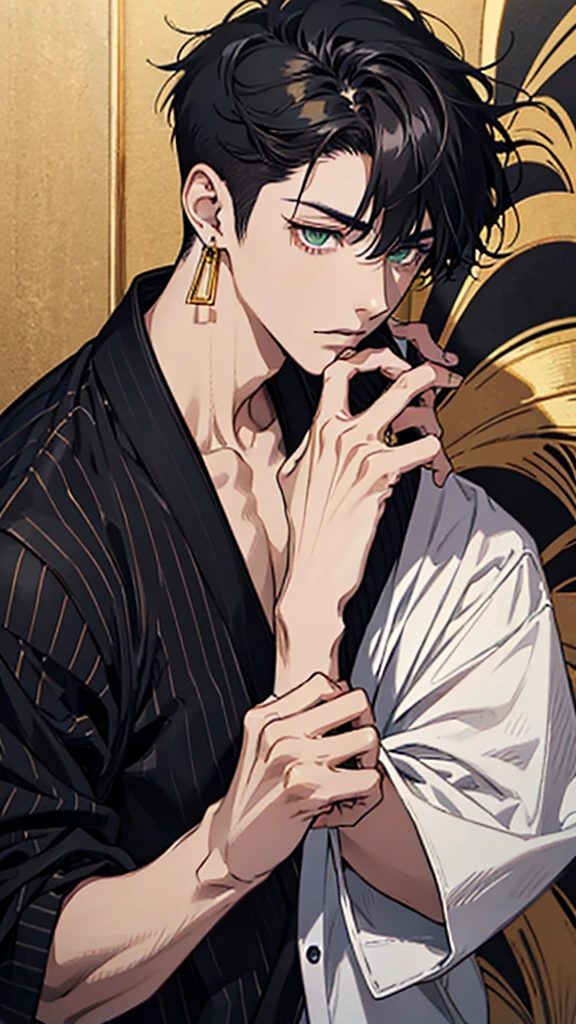 japanese, Man, young man, black hair, dark circles under the eyes, narrow eyes, green eyes, black and white striped shirt, gold earrings, thin body, short bangs, shaved sides, black ring on middle finger of right hand, upper body