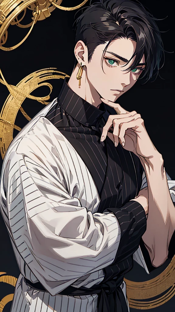japanese, Man, young man, black hair, dark circles under the eyes, narrow eyes, green eyes, black and white striped shirt, gold earrings, thin body, short bangs, shaved sides, black ring on middle finger of right hand, upper body