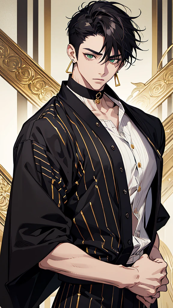 japanese, Man, young man, black hair, dark circles under the eyes, narrow eyes, green eyes, black and white striped shirt, gold earrings, thin body, short bangs, shaved sides, black ring on middle finger of right hand, upper body