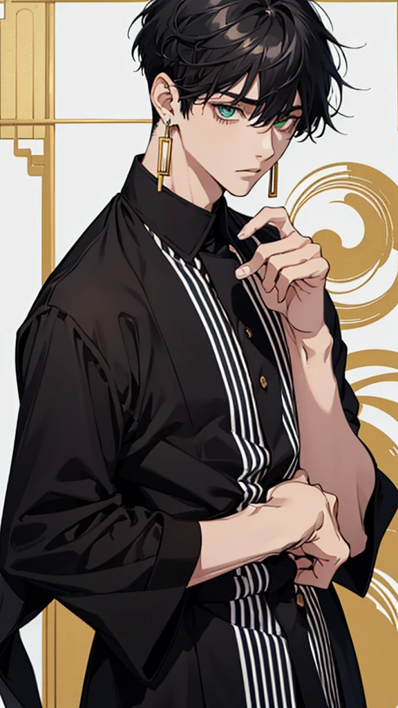 japanese, Man, young man, black hair, dark circles under the eyes, narrow eyes, green eyes, black and white striped shirt, gold earrings, thin body, short bangs, shaved sides, black ring on middle finger of right hand, upper body