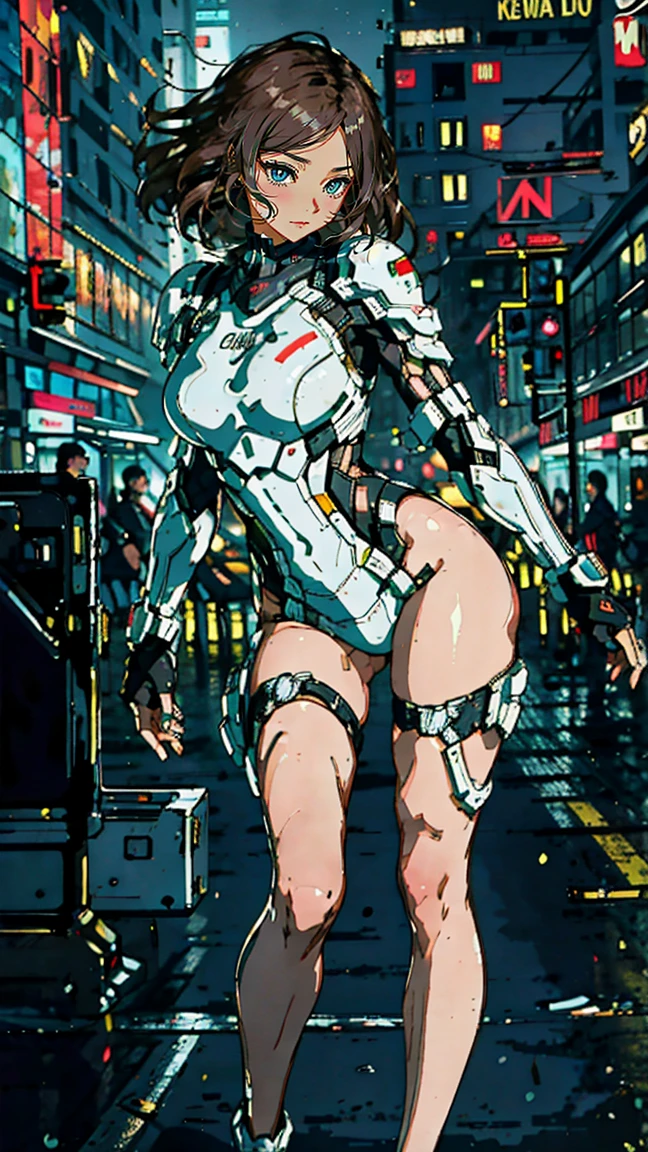 8K, Raw photo, highest quality, masterpiece, realistic, Photoreal, Full body, aerial view, cinematic lighting, Miranda May Kerr stands tall in a white Cyberpunk uniform full armor, a Very Long Shot, and her dark brown hair cascading down her shoulders. Her ultra-detailed face with beautiful features shines in the dimly lit cyberpunk setting. The sleek uniform accentuates her medium height and slender athletic figure. She wears it confidently, showcasing breasts beneath. Dynamic shooting poses to showcase her agility as she moves through the futuristic landscape.
