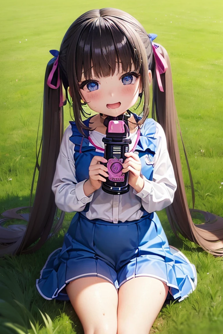 Lewd 、((Young girl masturbating))、field、garden、grass((NSfW Insert a thick vibrator and start playing with it))、ahegao、pleasure、Climax、Agony、Lewd、Ecstatic expression、A young girl with a baby face、((Love juices are dripping down her thighs、No pussy juice々leak))Agony and Climax with the stimulation of the vibrator、Drunken eyes、((A young girl in elementary school))Long twin tails、Blue ribbon、Brown Hair、Soft Hair、Elementary school girl
