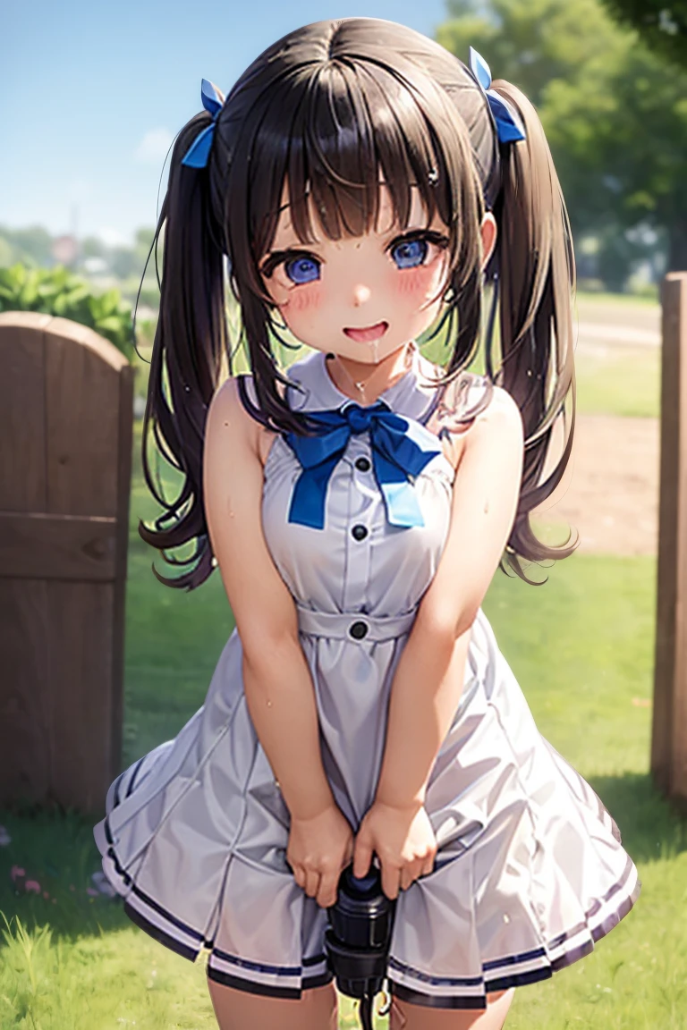 Lewd 、((Young girl masturbating))、field、garden、grass((NSfW Insert a thick vibrator and start playing with it))、ahegao、pleasure、Climax、Agony、Lewd、Ecstatic expression、A young girl with a baby face、((Love juices are dripping down her thighs、No pussy juice々leak))Agony and Climax with the stimulation of the vibrator、Drunken eyes、((A young girl in elementary school))Long twin tails、Blue ribbon、Brown Hair、Soft Hair、Elementary school girl