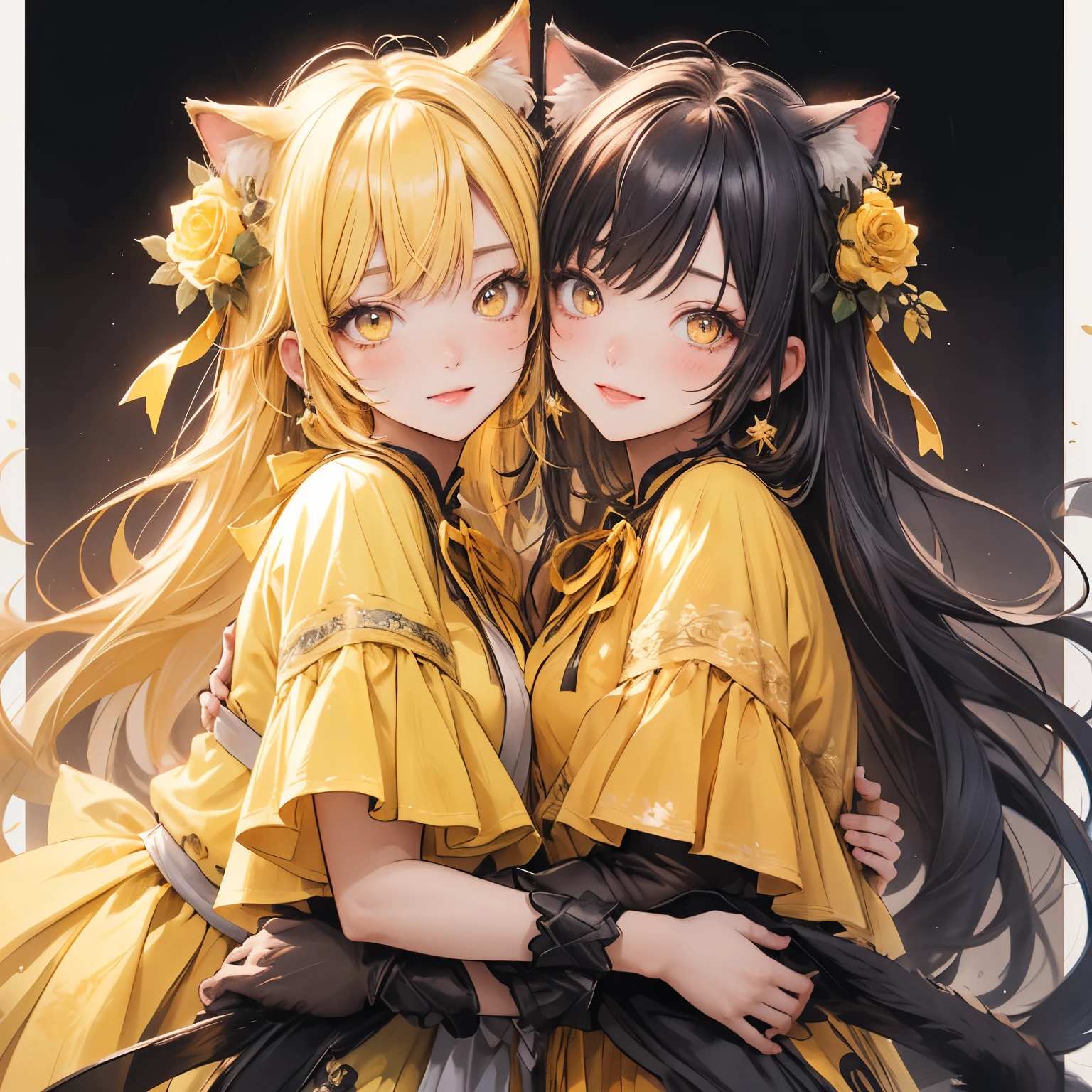 (masterpiece), Highest quality, Ultra-high resolution,Cat ears with yellow ribbon、Yellow Hair、Yellow Eyes、Yellow clothes、(Yellow rose:1.3)、happiness、grateful、Friendship