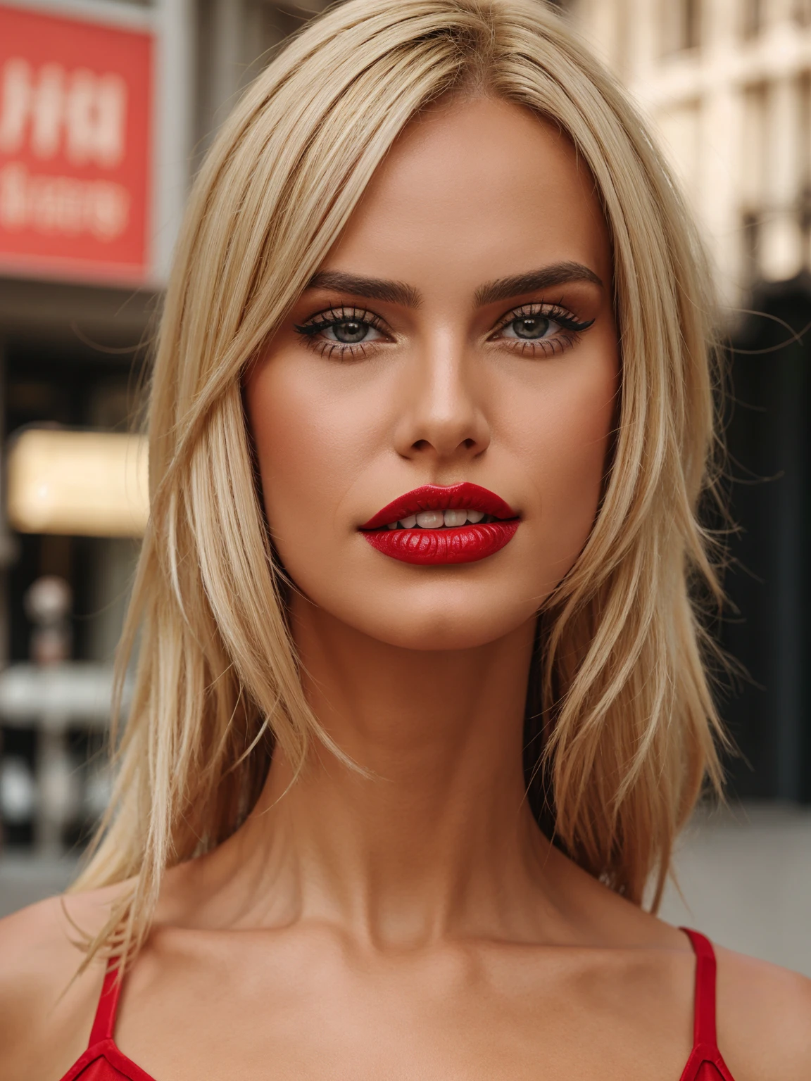 A realistic Italian type blonde woman with red lipstick