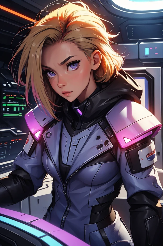 mature girl, super beautiful, super blue and orange, purple., fiery red, red hair, portrait, light vintage blonde color hair, scientist character, female, super strong, female, blonde and silver clothing, cyberpunk female, short blonde hair, portrait, close-up, in a spaceship hangar, a female in a sci-fi jumpsuit with led lights making shapes, she has short light green hair, purple eyes, silver clothing.
