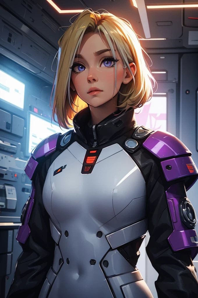 mature girl, super beautiful, super blue and orange, purple., fiery red, red hair, portrait, light vintage blonde color hair, scientist character, female, super strong, female, blonde and silver clothing, cyberpunk female, short blonde hair, portrait, close-up, in a spaceship hangar, a female in a sci-fi jumpsuit with led lights making shapes, she has short light green hair, purple eyes, silver clothing.