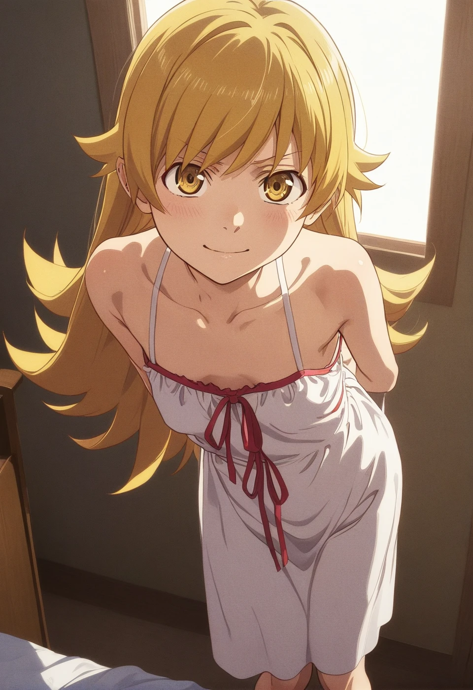 best quality, amazing quality, very aesthetic, absurdres, (1girl, oshino shinobu, monogatari \(series\), solo, blonde eyes, blonde hair, small breasts),(gown:1.8), (night, thigh:1.3), (cowboy shot), (****), (from above0.7), (long hair, adult), (bent over, arms behind back:1.4), (blush:0.7), angry, expressive eyes, perfect face, 4k, extremely detailed anime illustration, extremely detailed eyes, perfect anatomy, light rays, extremely delicate body, smooth skin, (bedroom background:1.5), clear eyes, beautiful face, smiling at viewer, (anime style:1.7), (cinematic Light:1.5), (highres:2),