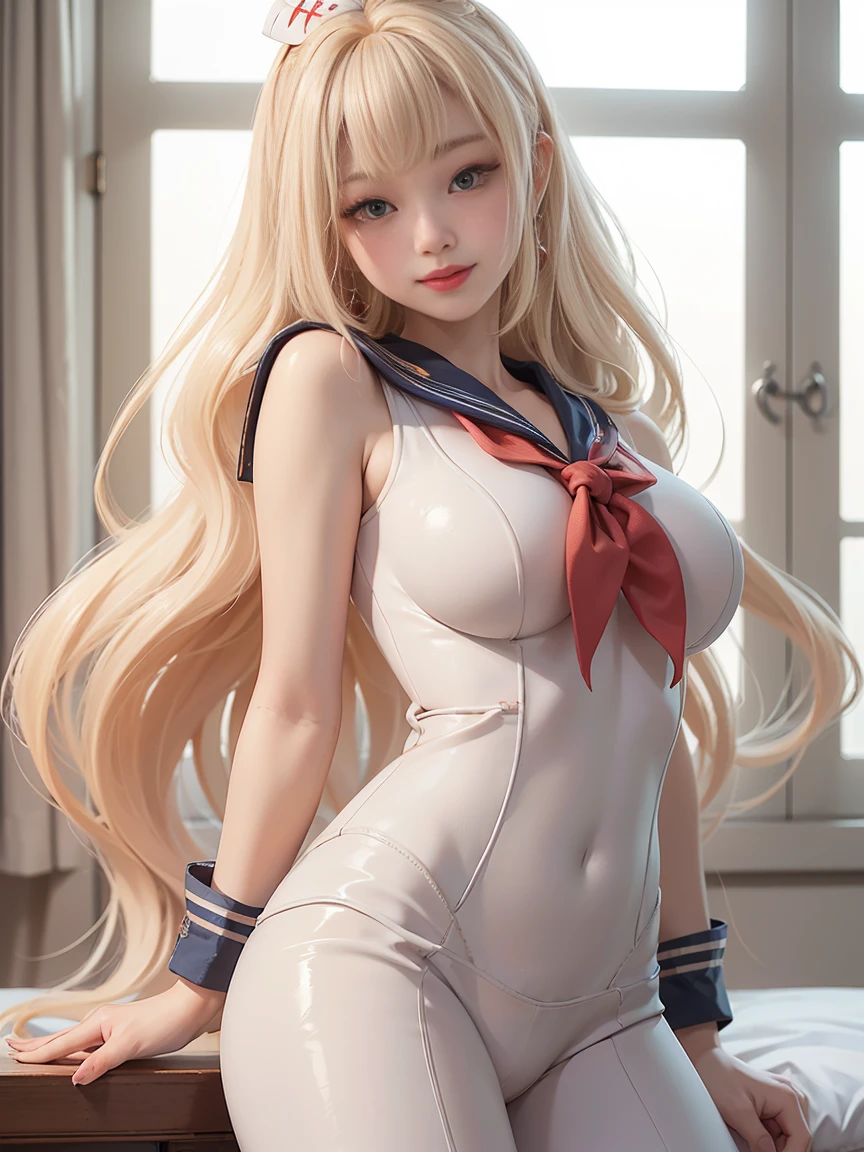 At night in a luxurious hotel, a (Korean Idol:1.2) stands by the window. She has platinum blonde, wavy (Hime Hair:1.4) framing her (beautiful face:1.4). Wearing a tight (Sailor suit:1.5) that accentuates her long, toned legs and (large breasts:1.5), she has hoop earrings and (bright red lips:1.2). Her porcelain skin, flushed cheeks, and (Tight waist) emphasize her youthful and innocent appearance. Despite her fragile, (albino:1.3) appearance and signs of (anorexia:1.3), she (smile:1.2) with a mischievous glint in her sparkling eyes. The (close-up:1.7, 16K resolution shot with a 50mm lens captures every detail of her skin and hair, illuminated by soft, natural light from the window. The image is a masterpiece:1.2 with 3D rendering, combining cinematic realism with abstract beauty and perfect form.