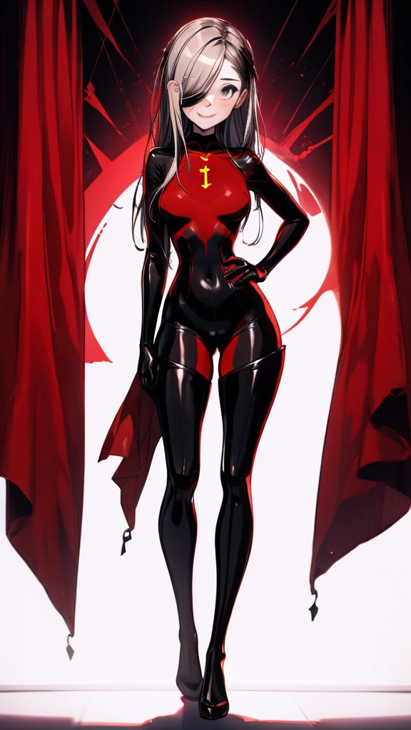 (full body),masterpiece, Highest quality, One Girl, purple, Long Hair, Black Hair,  Hair on one eye,  (Red Hero Suit)，Red bodysuit，black elbow gloves，Black thigh-high boots，Thick thighs，Place one hand on hip，upright，View your viewers, smile, Simple Background 