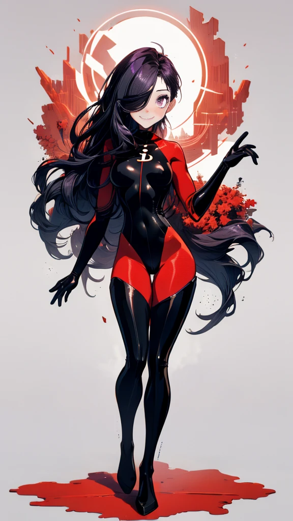 (full body),masterpiece, Highest quality, One Girl, purple, Long Hair, Black Hair,  Hair on one eye,  (Red Hero Suit)，Red bodysuit，black elbow gloves，Black thigh-high boots，Thick thighs，Place one hand on hip，upright，View your viewers, smile, Simple Background 