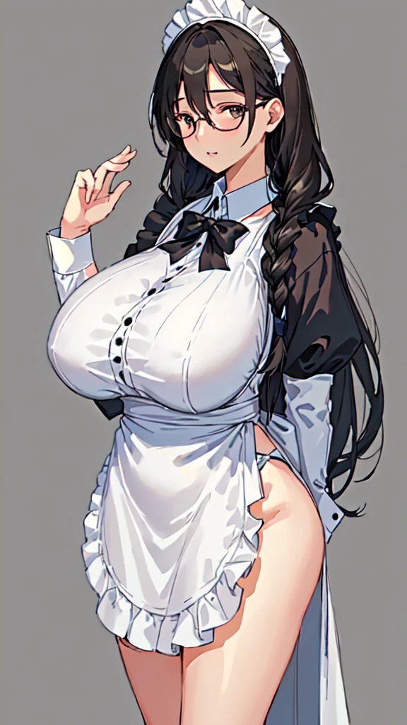 {{masterpiece}},high quality, 4K, 2D,1 girl,{simple gray background},(45 year old woman,mature female:1.2),standing,(sagging breasts:0.4),(gigantic breasts:1.3),maid, black hair,1 braid,impossible clothes, {from right in front of face and body},{front facing shot},Wear glasses