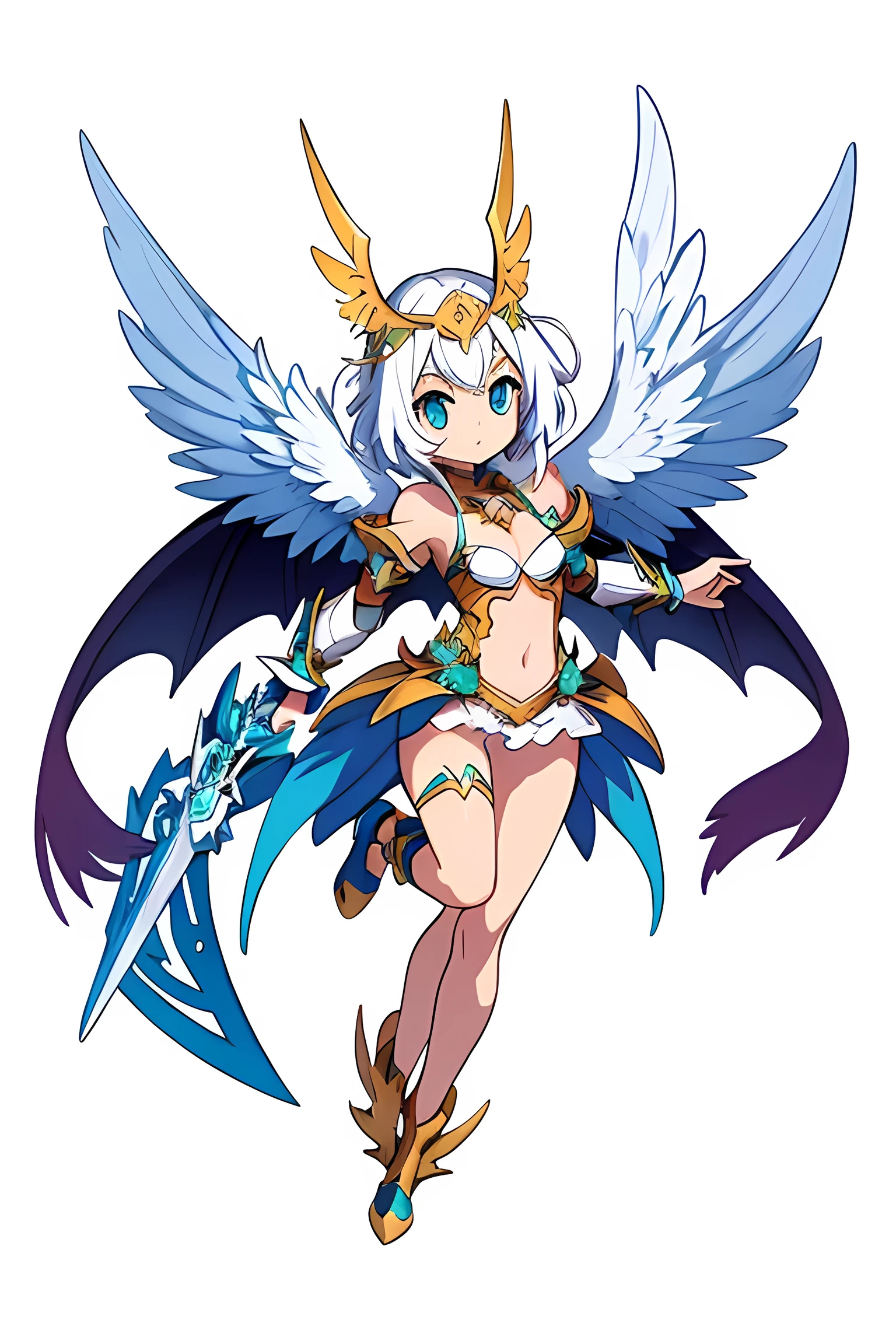 colorin page, Highres, best quality, extremely detailed, several pairs of wings, (((female divine knight armor))) , helmet knight whith spikes, full armor gold, 1 angel girl whith feathered white Wings, demon white wings in the middle of the waist, girl whith 1 mini small dragon tail, one blue eye and one green, HD, 8k, full_body, (((white background))), ((white_accesories)), dynamic pose