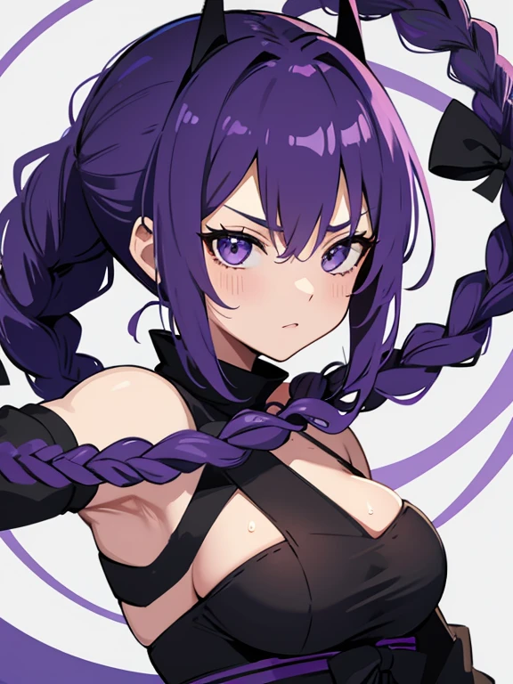 highquality, Ninja, Purple Hair, Asymmetrical braids, side, 蒸れたside, Sweat