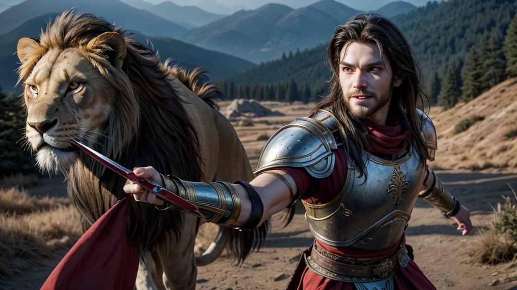 A human warrior man, 6'4 , approximately 209lb, slender body, with brown eyes, long and tied hair, no beard, a big scar on his face, wearing a beautiful silver armor, with a symbol on the armor of a lion, a red cloth tied to his right arm, holding a sword like his two hands, shining sword with blood running down, smiling. He striking a pose, with a forest in the background.