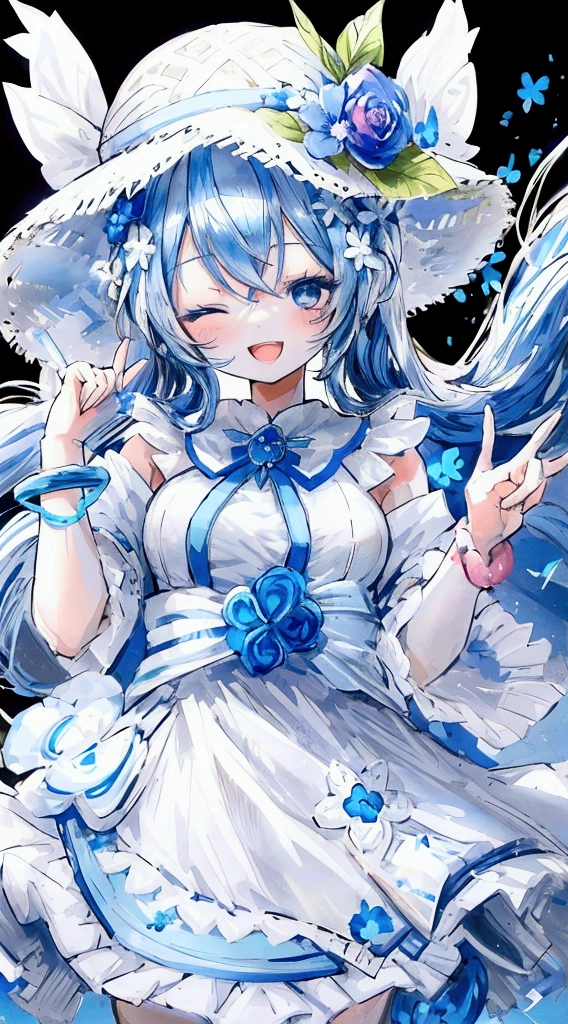 a pretty anime girl is wearing a white and blue flower hat with a blue flower in her hair, 1girl, hat, one eye closed, solo, smile, straw hat, long hair, dress, flower, open mouth, jewelry, hat flower, bracelet, white dress, looking at viewer, twintails, blue eyes