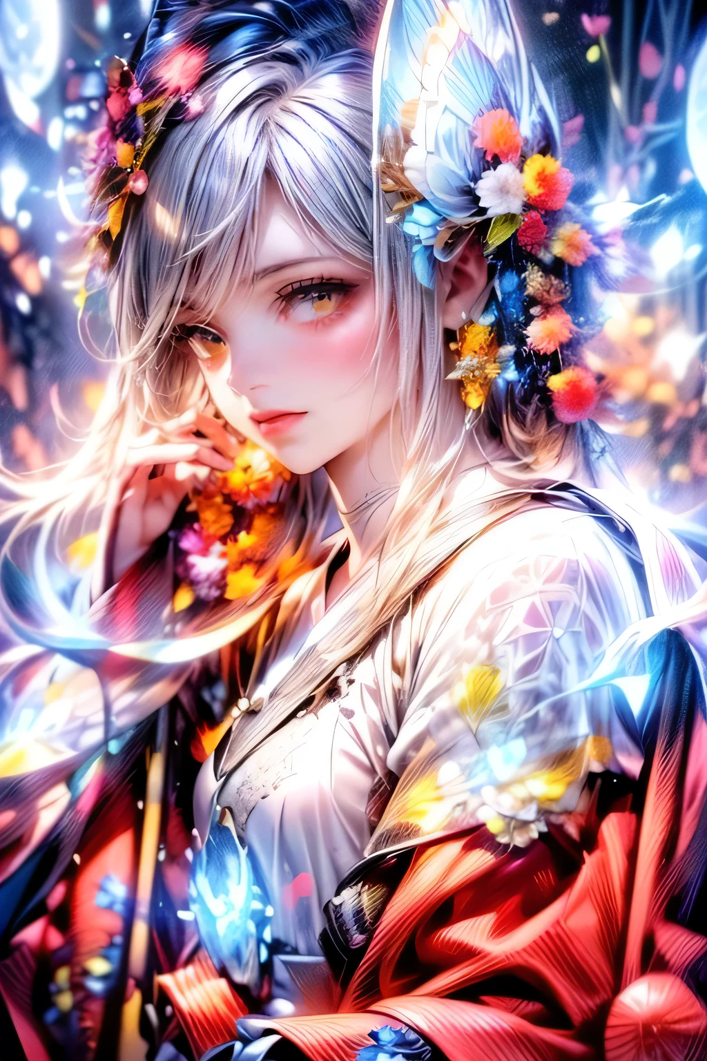 a women dressed in a white haori with skulls hanging about her, next to a small girl dressed in a white outfit with pink hair, 1girl, spider lily, skull, flower, japanese clothes, solo, green eyes, short hair, kimono, hair ornament, (best quality, 4k, 8k, highres, masterpiece:1.2), ultra-detailed, (realistic, photorealistic, photo-realistic:1.37), short white bob, through bangs, beautiful detailed(yellow eyes, lips), cute face, vibrant colors, natural lighting, dynamic pose, intricate details, detailed facial features, long eyelashes, full lips, cinematic, fantasy, adventure, full-body view