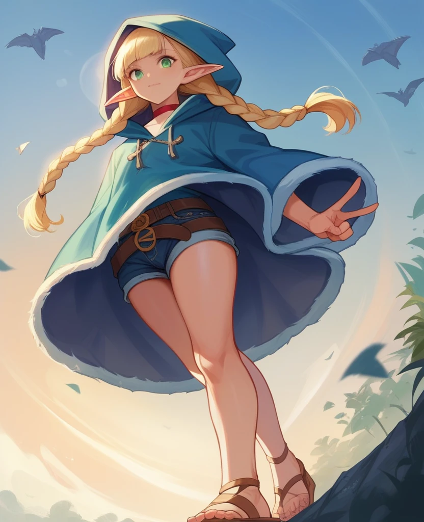 different angles,generate the image of an elf, with green eyes, long blonde hair with bangs and braids, wearing denim shorts super mini cotton summer booty ladies charming ,low angles, beige sandals, a long dark blue dress, brown belt, red choker and fur coat with a blue hood. low angles,Cinematic, 35mm lens, f/1.8, accent lighting, global illumination –uplight –v 4, 3 realistic