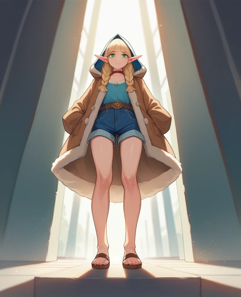 different angles,generate the image of an elf, with green eyes, long blonde hair with bangs and braids, wearing denim shorts super mini cotton summer booty ladies charming ,low angles, beige sandals, a long dark blue dress, brown belt, red choker and fur coat with a blue hood. low angles,Cinematic, 35mm lens, f/1.8, accent lighting, global illumination –uplight –v 4, 3 realistic