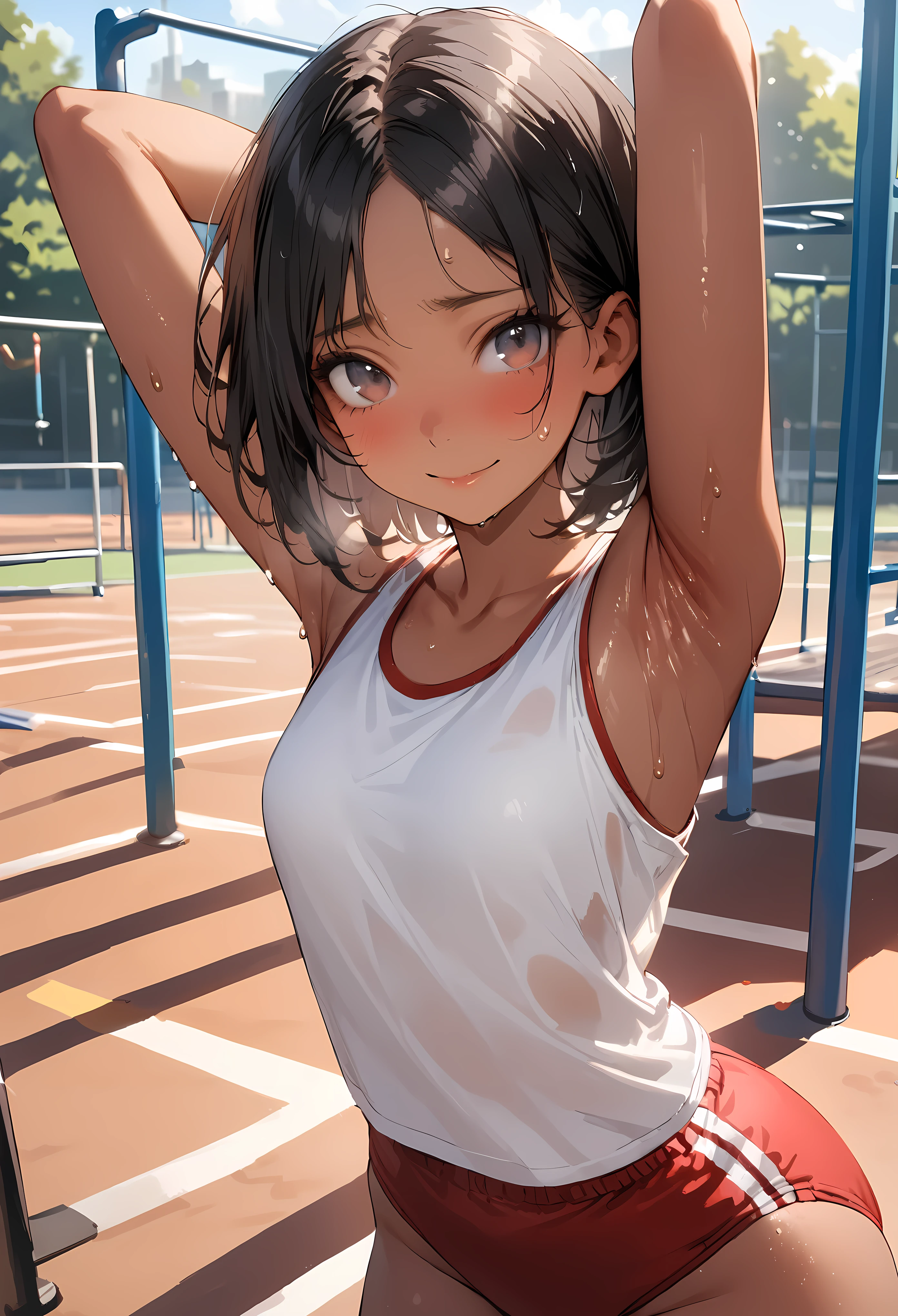 ((masterpiece,Highest quality:1.3,best quality illustration)),((realistic:1.2)),cowboy shot,solo,1woman,18 year old beauty、black hair,short bob hair,(center parted bangs),black eyes,(gorgeous big eyes),((very small head:1.4)),shy,smile,((slender body:1.2,skinny)),(tan skin:1.4),small breasts,(White tank top、school gym red buruma),gleaming skin,oily skin,slender body,sweat,arms up,Show off your armpits、playground、Schoolyard、School、Tokyo、