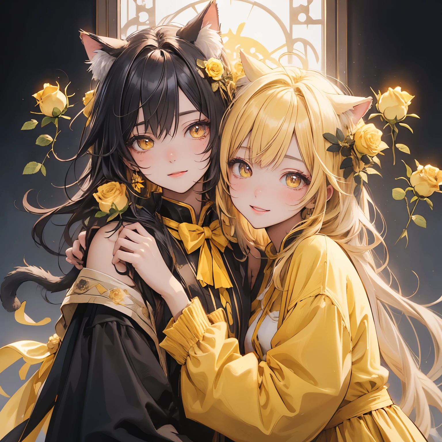 (masterpiece), Highest quality, Ultra-high resolution,Cat ears with yellow ribbon、Yellow Hair、Yellow Eyes、Yellow clothes、(Yellow rose:1.3)、happiness、grateful、Friendship