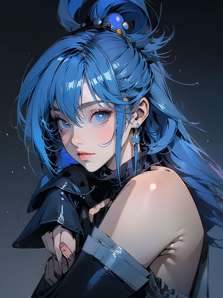 (Best quality, sketch:1.2),realistic,illustrator, Aqua Konosuba,anime,1 girl, detailed lips, blue hair, hair clip, blue dress, blue knee-high boots, elbow-length gloves, bare shoulders,custom, black and red gradient background,neon hair,Textured trim, masterpiece, retro classic style, black style , 