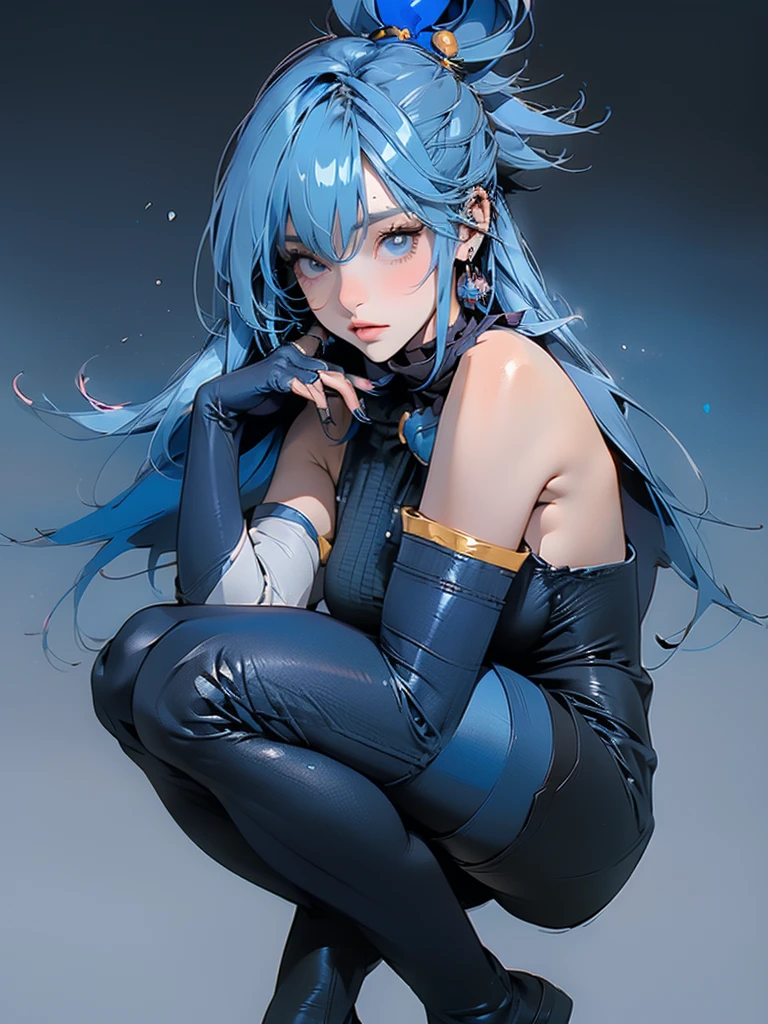 (Best quality, sketch:1.2),realistic,illustrator, Aqua Konosuba,anime,1 girl, detailed lips, blue hair, hair clip, blue dress, blue knee-high boots, elbow-length gloves, bare shoulders,custom, black and red gradient background,neon hair,Textured trim, masterpiece, retro classic style, black style , 