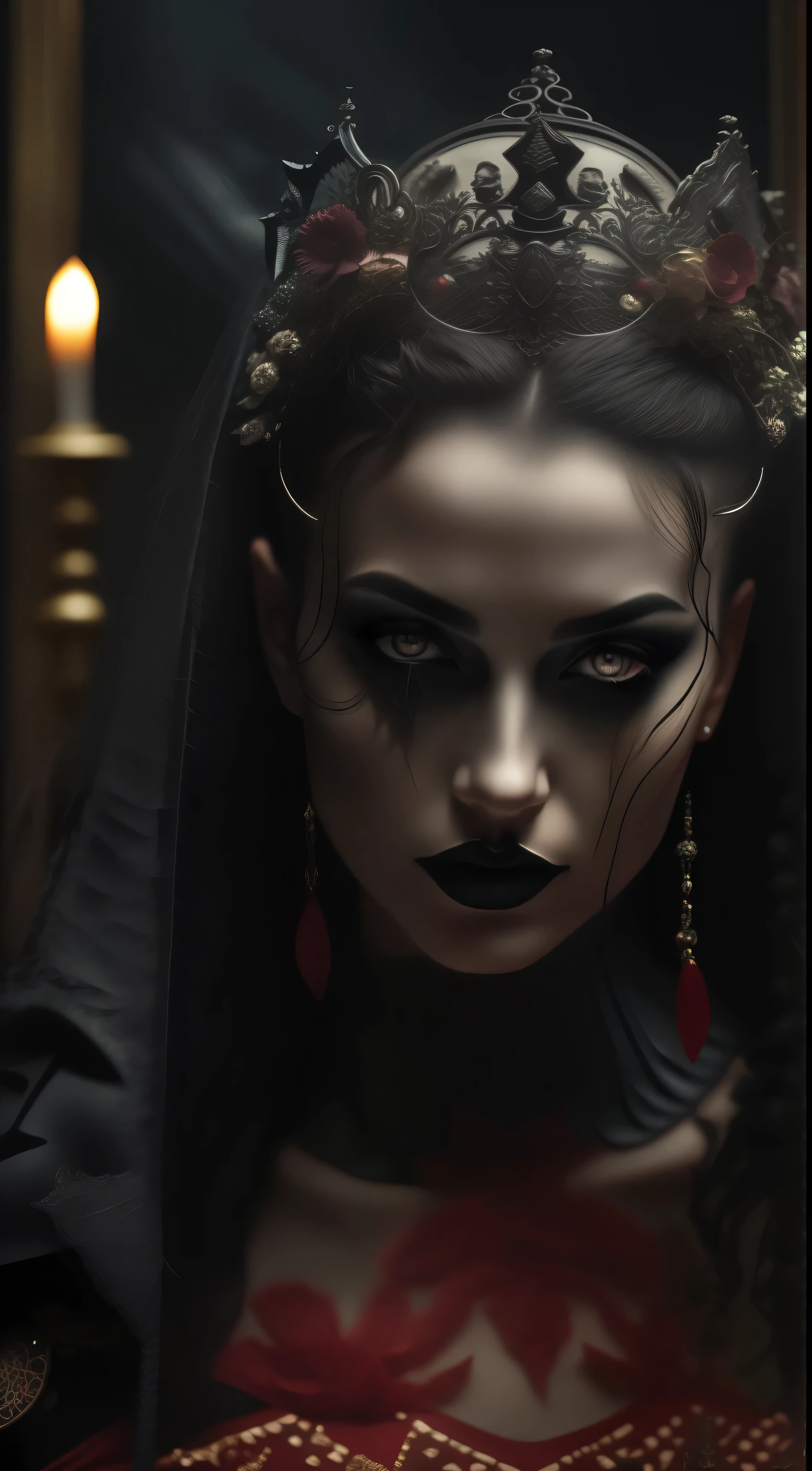 Mujer con un vestido ????? con una corona en la cabeza, dark fantasy portrait, portrait of a dark fantasy nymph, close-up of the cinematic goddess., Retrato de una bruja oscura, dark fantasy mixed with realism, gothic princess portrait, dramatic cinematic portrait, Creepy Gothic portrait, Cara linda. dark fantasy, cinematic goddess shot, in style of dark fantasy art