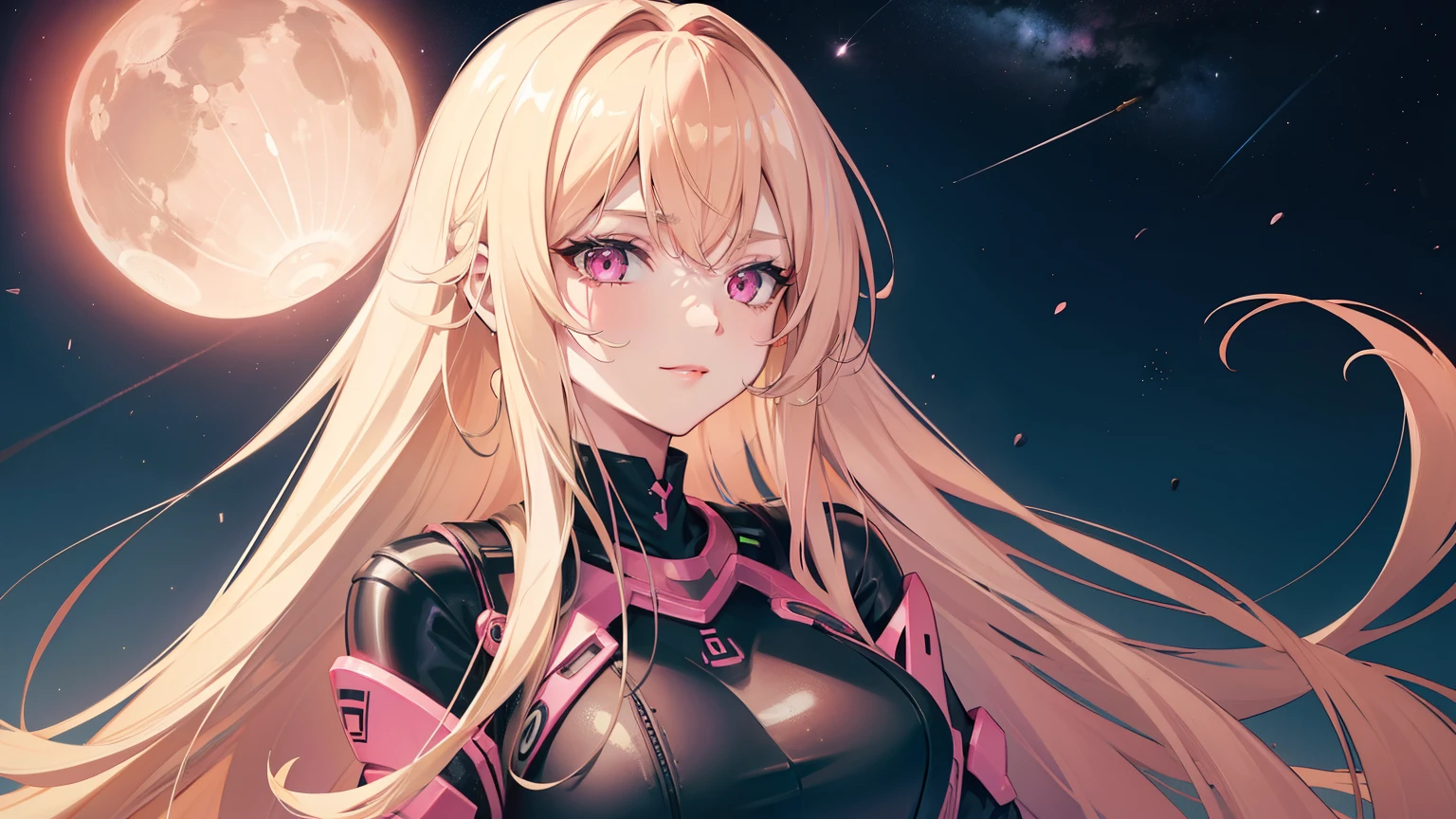 (((Adult woman))), pink eyes, long blonde hair, black-pink plug suit, space, comet, smirk
