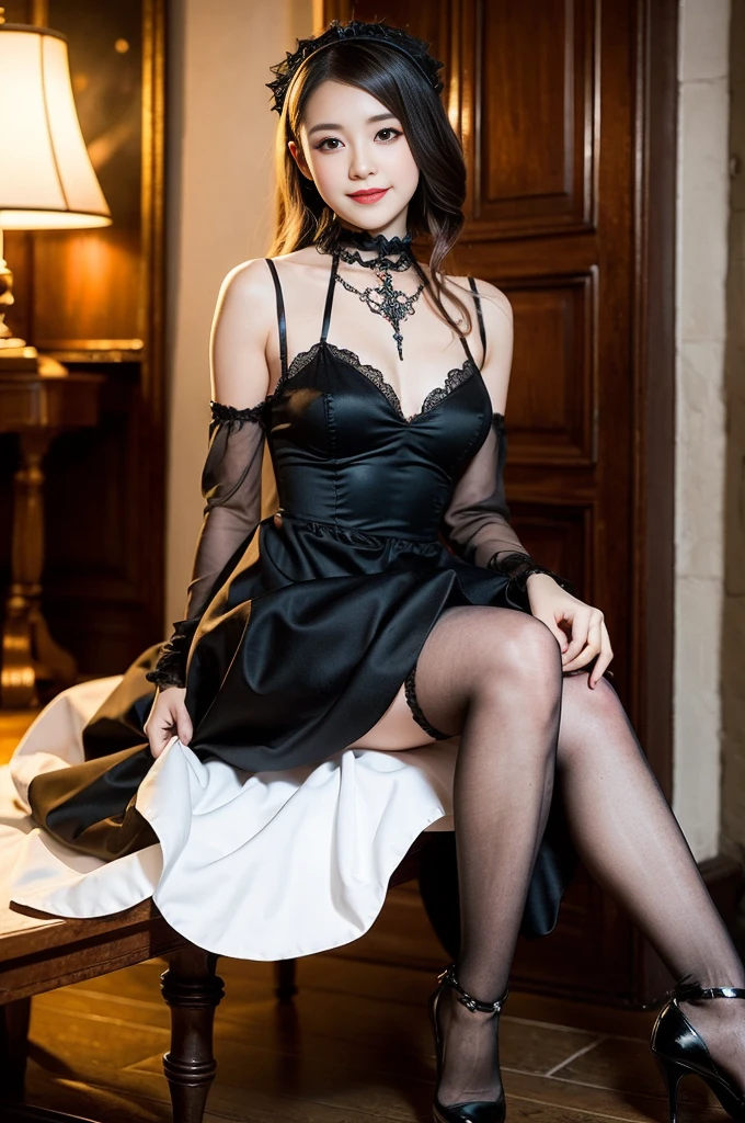 (Only one person), Pure Japanese young girl, wearing white gothic Lolita style dress and accessories, stockings, high heels, vivid makeup and lips, thick eyebrows, arranged hair styles, sweet smile, sitting in antique gothic style interior, summer midnight, pop atmosphere, dazzle me, professional photography,