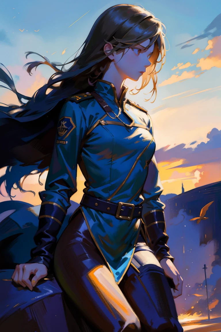 detailed full body portrait,(A girl with a determined look), (flying soldier)、(mandy jurgens) A realistic painting was created, transformation, Figurative art, Detailed Description, Realistically, Artwork, Contour, Colorful Noise, Visual clutter,Modern aesthetics、Japanese Style、Continental Grasslands、Wearing military uniform、1939