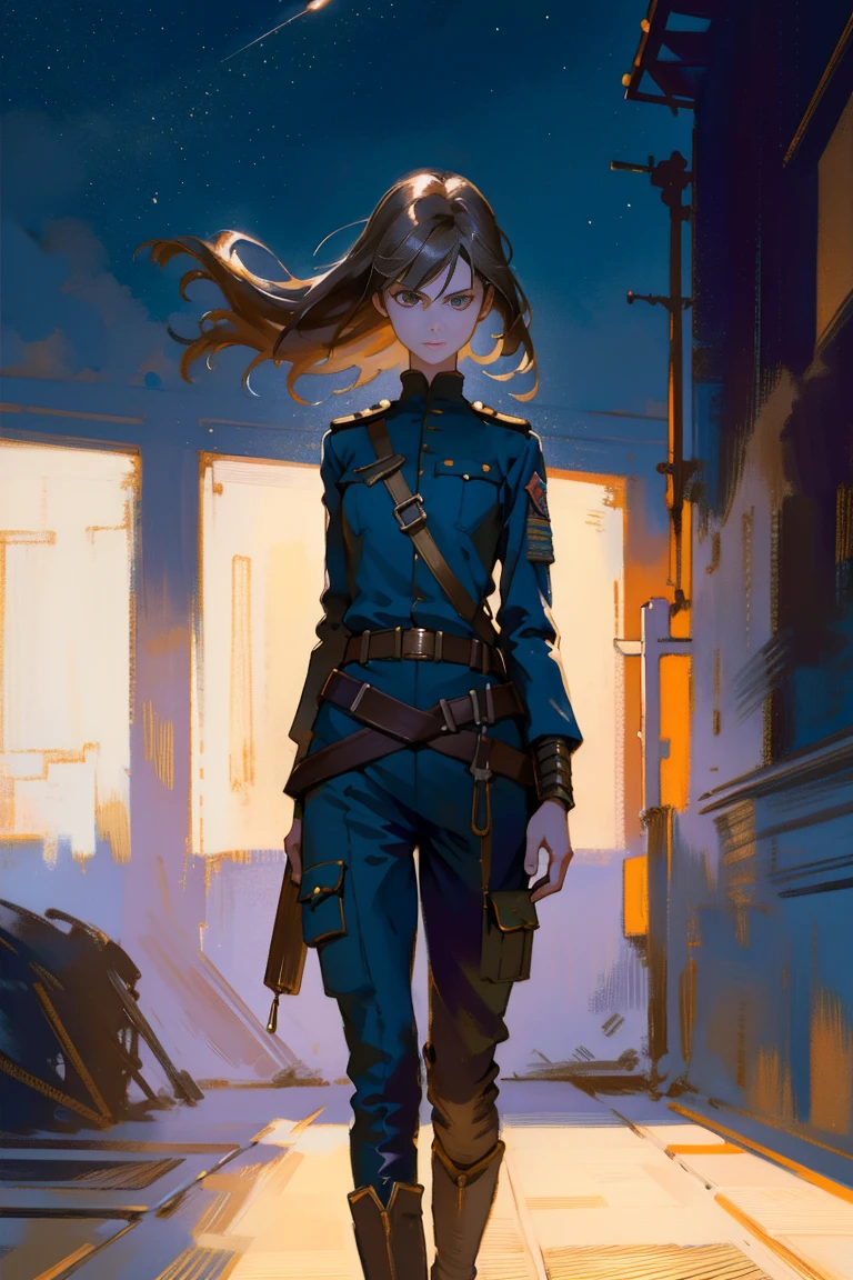 detailed full body portrait,(A girl with a determined look), (flying soldier)、(mandy jurgens) A realistic painting was created, transformation, Figurative art, Detailed Description, Realistically, Artwork, Contour, Colorful Noise, Visual clutter,Modern aesthetics、Japanese Style、Continental Grasslands、Wearing military uniform、1939